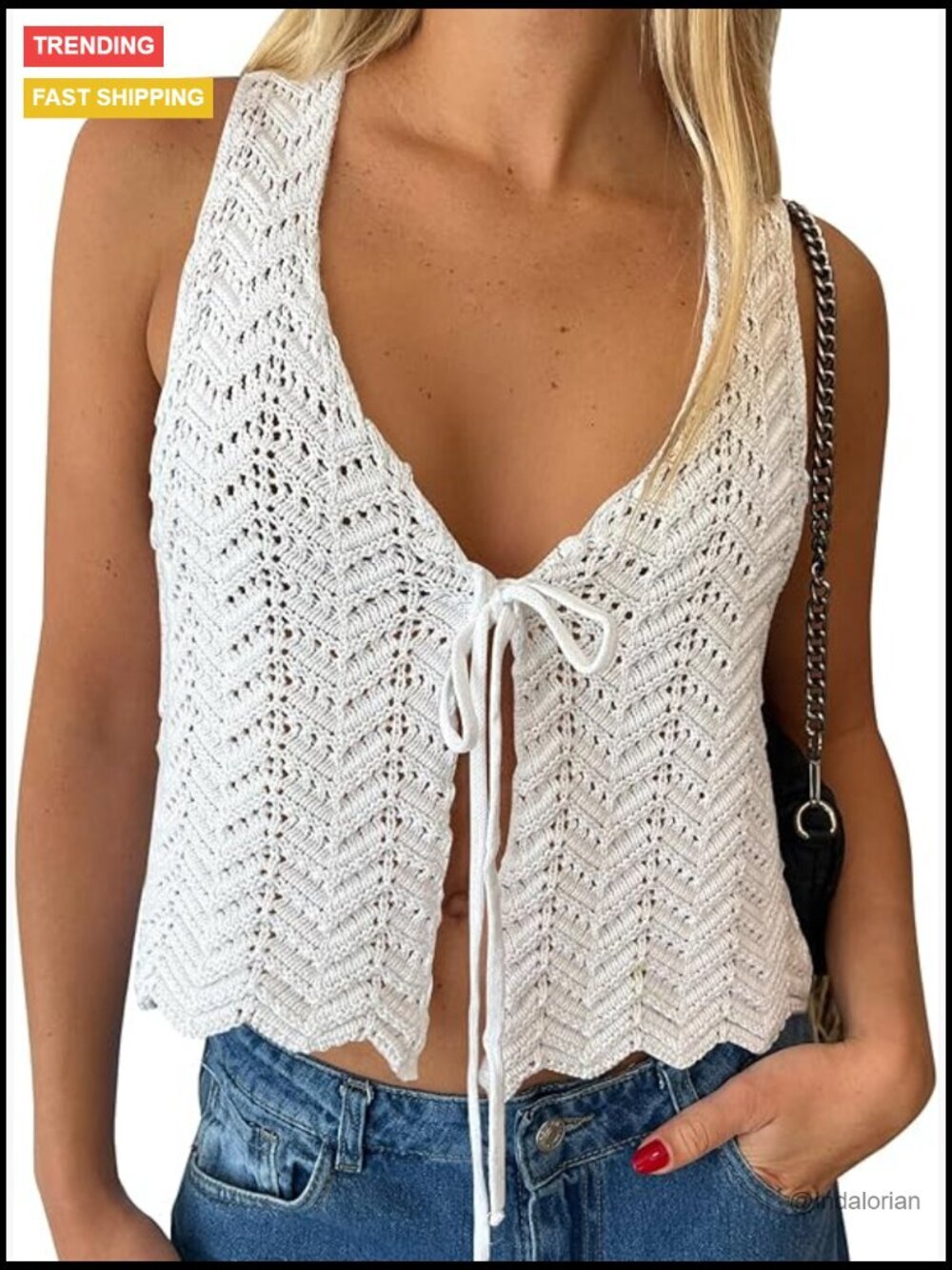 Crochet Top Women Summer Beach Coverup Tie Front Sleeveless Vest